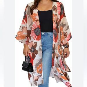 Boutique XL Floral Sheer Kimono Orange Pink